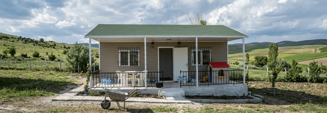 Geniş yeşil çimenli bir arazi üzerinde konumlandırılmış, yeşil shingle çatılı, bej cepheli ve geniş verandalı tek katlı Alyans Prefabrik ev modeli. Verandada plastik masa ve sandalyeler ile bir çocuk oyun evi görülüyor. Ön planda bir el arabası duruyor.