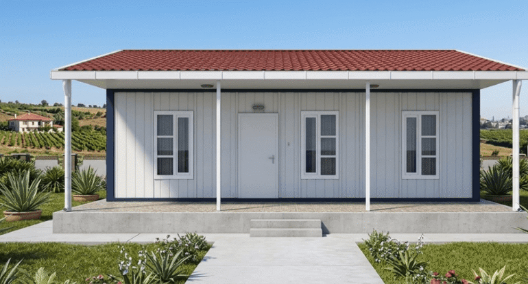 Geniz verandaya sahip, modern tasarımlı, şık ve konforlu Alyans Prefabrik modüler evi.