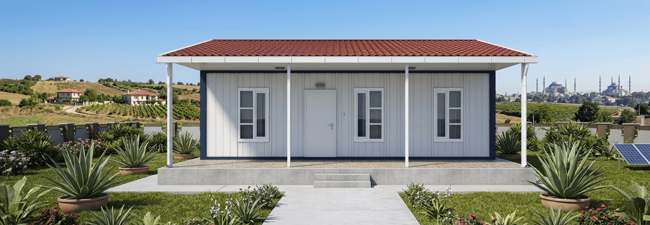 Geniz verandaya sahip, modern tasarımlı, şık ve konforlu Alyans Prefabrik modüler evi.