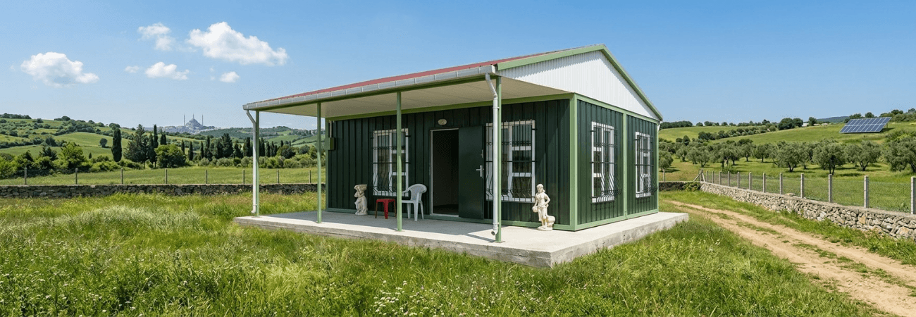 Doğal bir arazi üzerinde konumlandırılmış, yeşil metal dış cepheli, beyaz çatılı ve geniş verandalı modern Alyans Prefabrik konteyner ev modeli.