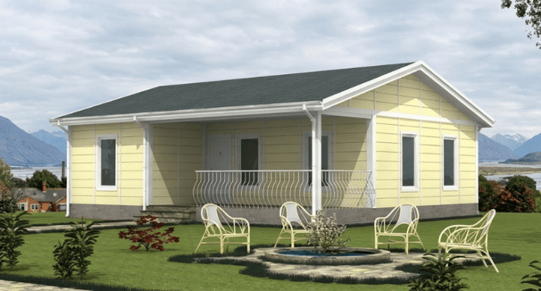Önerilen: Alyans Prefabrik sarı dış cepheli, modern verandaya sahip, dağ manzaralı tek katlı prefabrik ev modeli.