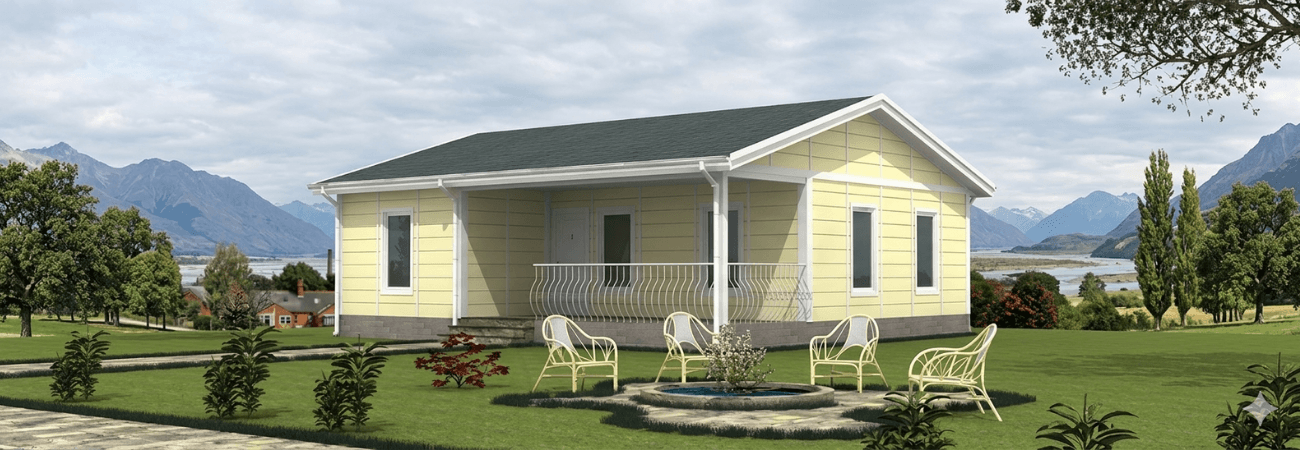 Önerilen: Alyans Prefabrik sarı dış cepheli, modern verandaya sahip, dağ manzaralı tek katlı prefabrik ev modeli.