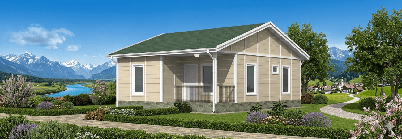 Alyans Prefabrik yeşil çatılı ve bej dış cepheli, karlı dağ manzaralı doğayla uyumlu tek katlı prefabrik ev modeli.