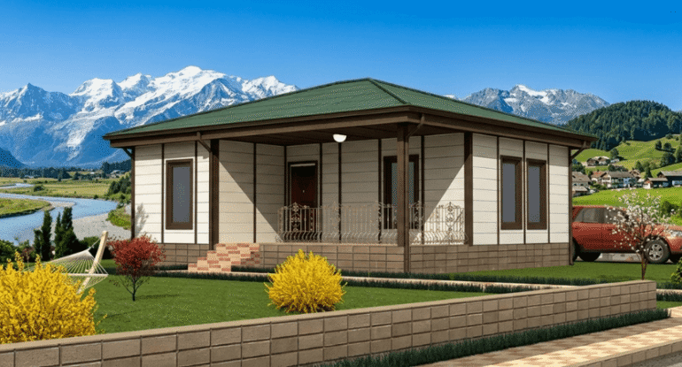 Alyans Prefabrik manzaralı tek katlı yeşil çatılı, bej renk prefabrik ev modeli.