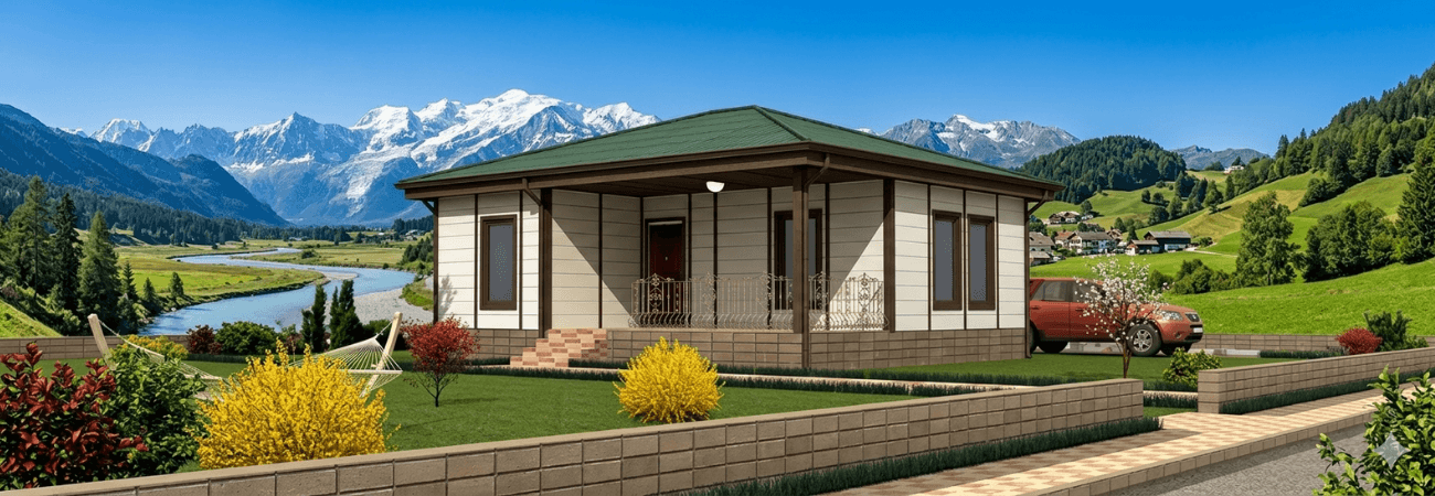 Alyans Prefabrik manzaralı tek katlı yeşil çatılı, bej renk prefabrik ev modeli.