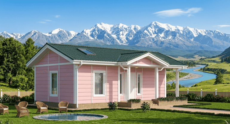 Dağ ve nehir manzaralı bir arazide kurulu, modern pembe dış cepheli, tek katlı prefabrik ev modeli - Alyans Prefabrik.