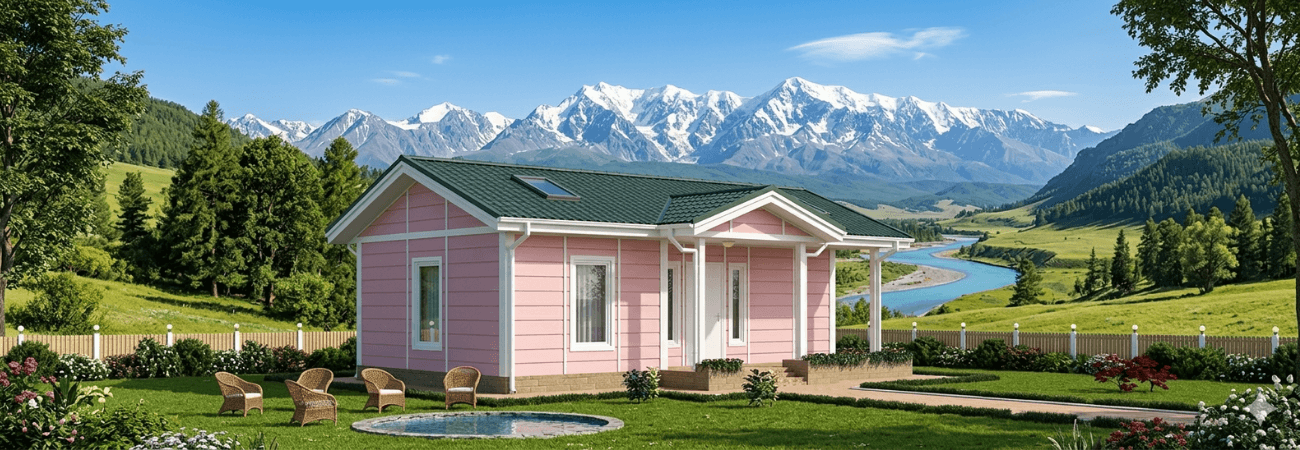 Dağ ve nehir manzaralı bir arazide kurulu, modern pembe dış cepheli, tek katlı prefabrik ev modeli - Alyans Prefabrik.