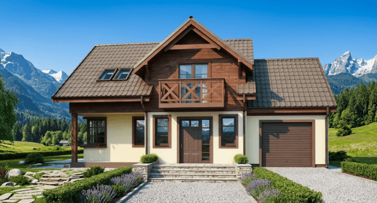 Kahverengi ahşap kaplamalı, dağ manzaralı ve balkonlu modern çift katlı çelik ev modeli - Alyans Prefabrik.