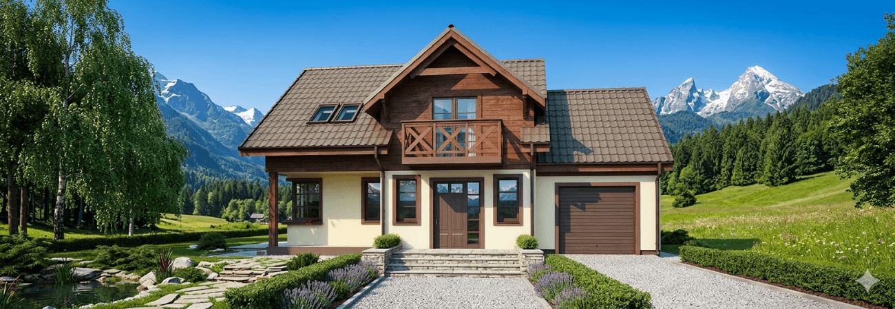 Kahverengi ahşap kaplamalı, dağ manzaralı ve balkonlu modern çift katlı çelik ev modeli - Alyans Prefabrik.