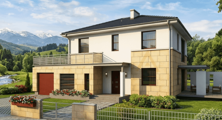 Alyans Prefabrik sarı modüler ev modeli doğa manzarasında