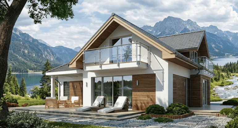 Alyans Prefabrik modern çelik ev modeli dağ ve göl manzaralı