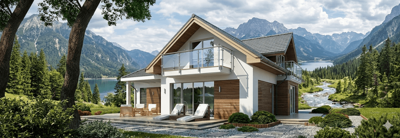 Alyans Prefabrik modern çelik ev modeli dağ ve göl manzaralı