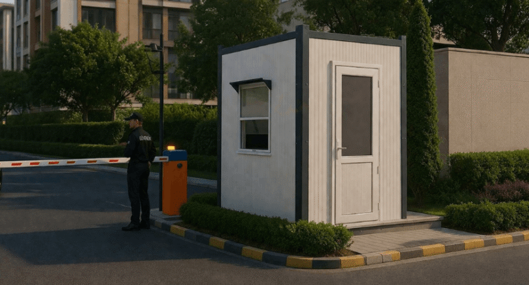 Modern bir konut sitesinin ana girişinde yer alan, antrasit gri detaylı, sandviç panel yalıtımlı ve geniş görüş açısına sahip Alyans Prefabrik site bekçi kabini.