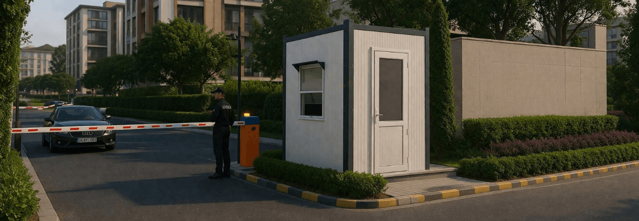 Modern bir konut sitesinin ana girişinde yer alan, antrasit gri detaylı, sandviç panel yalıtımlı ve geniş görüş açısına sahip Alyans Prefabrik site bekçi kabini.