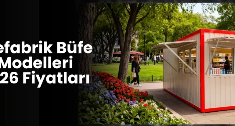 Alyans Prefabrik modern büfe modelleri ve 2026 fiyatları için park alanında kurulu kırmızı detaylı konteyner kiosk görseli.