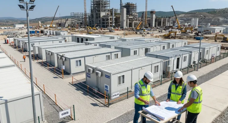 Prefabrik ve modüler şantiye yapıları; çalışanların yönetim, konaklama, beslenme, hijyen ve dinlenme ihtiyaçlarının düzenli şekilde karşılanmasına yardımcı olur.