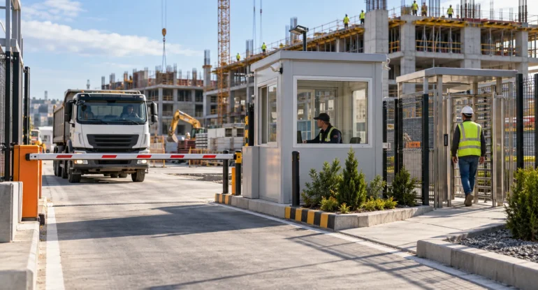 Şantiye girişinde, modern tasarımlı bir güvenlik kabini ve önünde kontrol noktasını gösteren bir görsel, Şantiye