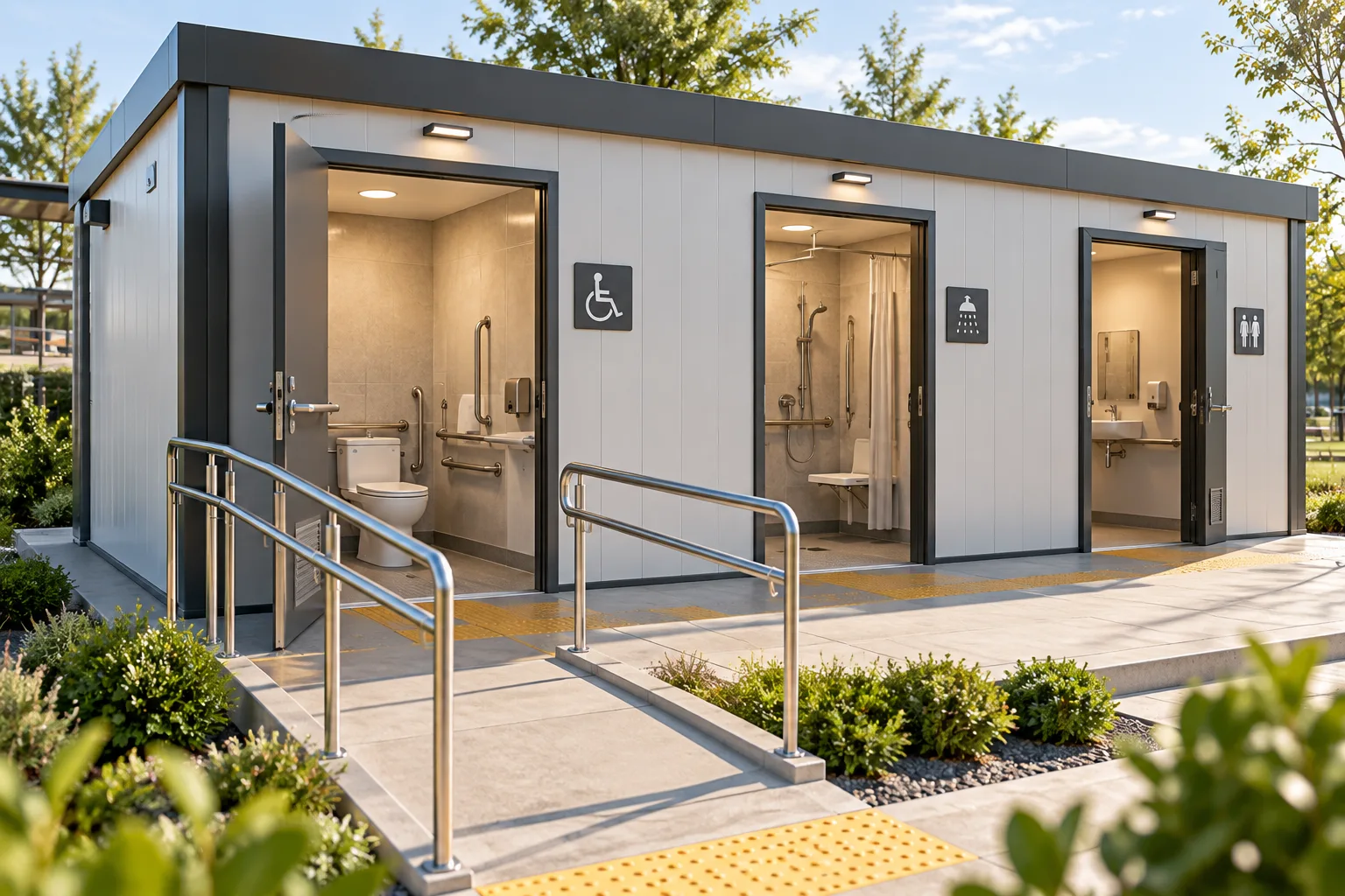 Engelli erişimine uygun, modern ve fonksiyonel bir modüler WC iç görünümü, tutunma barları ve geniş alanıyla tekerlekli