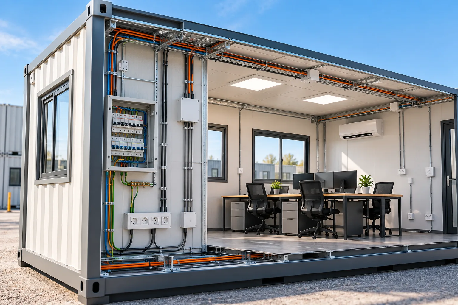 Modern bir konteyner yapının içinde, duvarlara döşenmiş elektrik kablolarını ve bağlantı kutularını gösteren bir görsel
