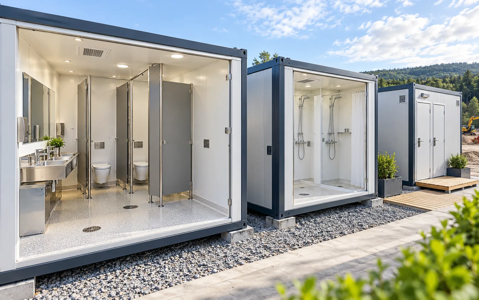 Modern ve hijyenik prefabrik WC ve duş ünitesi iç görünümü, pürüzsüz yüzeyler ve aydınlık bir ortam.